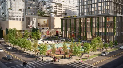 Rendering of Innovation QNS with landscaped open public space on corner and glass-clad building