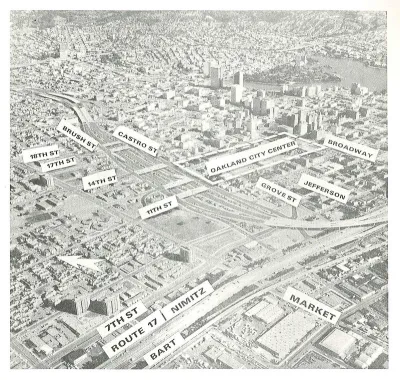 A historic image of the various highways and transportation modes planned around the create of Interstate 980 in Oakland, California.