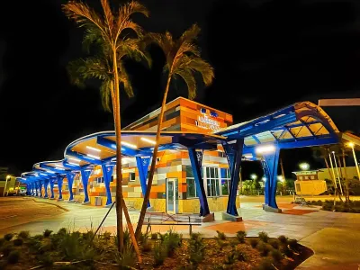 Colorful Lauderhill Transit Center at night.