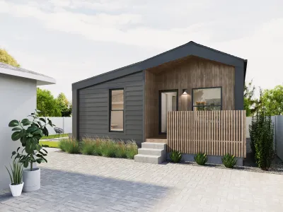 Rendering of modern black and brown one-story backyard home design