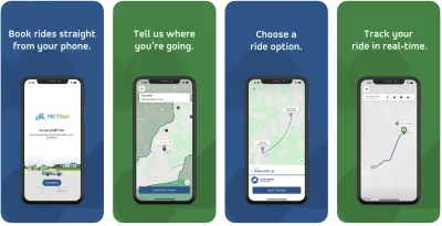 A collection of screengrabs showing the uses of the Met-Go on-demand transit app.