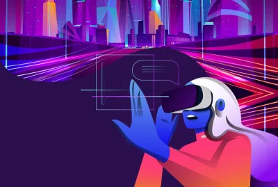 A rendering of a woman wearing a virtual reality headset, swiping through virtual reality landscapes.