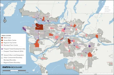 A map of transit-rich areas and urban centers in the Vancouver, British Columbia region.