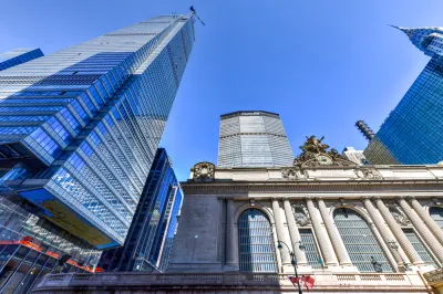 Looking up at One Vanderbilt and Grand Central Station in East Midtown Manhattan.