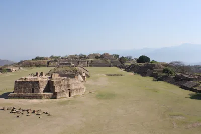 Aerial view of Monte Alban plaza ruins in Mexico.