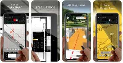 Screengrabs from the Morpholio Trace showing the drawing and annotation tools of the CAD app.