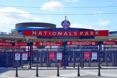 The centerfield gate of Nationals Park, home of the Washington Nationals Major League Baseball team, is shown closed and devoid of fans.