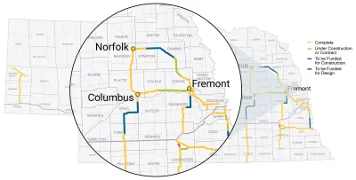 A map showing planned and under-construction segments of roads in Nebraska.