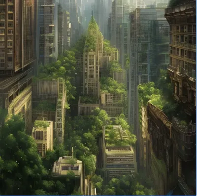 A futuristic version of New York City, with plants growing neatly on top of modern skycrapers.