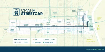 A map of the planned route of the Omaha Streetcar, as of January 2023.