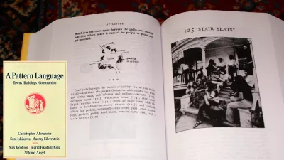 The cover of the book "A Pattern Language" by Christopher Alexander is shown next to a page from the booking--the latter shows "stair case steps."