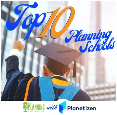 Photo of graduating student in cap and gown from the back with overlaid graphic text "Top 10 Planning Schools"