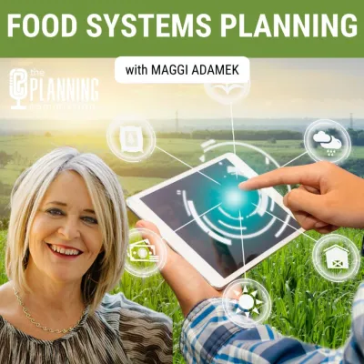 Graphic of Maggi Adamek superimposed over green field and image of hands holding tabletfor The Planning Commission Podcast