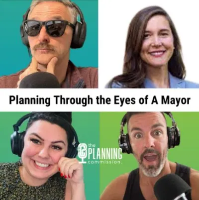 The Planning Commission podcast title card with headshots of three hosts and guest