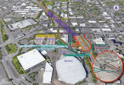 Diagram of proposed Interstate 5 improvement project in Portland, Oregon showing new freeway cap and pedestrian and bicycle bridge.