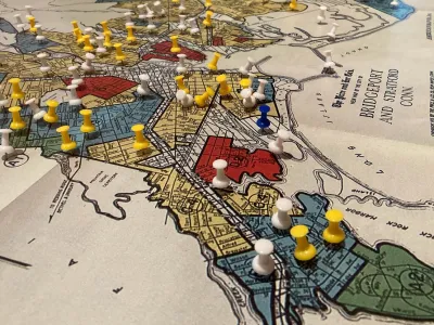 HOLC map of Bridgeport, Connecticut with yellow push pins on it