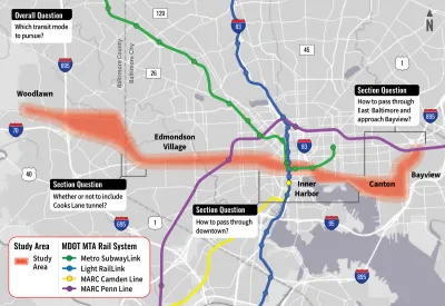 Map of proposed Baltimore Red Line transit line alignment with white boxes showing open questions