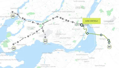 A map of the Réseau Express Métropolitain where it cuts across the Montreal region.