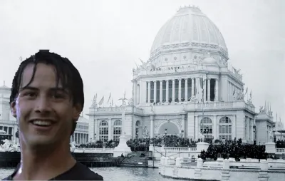A image of the World's Columbian Exposition overlayed with a picture of Keanu Reeves in the rain from the movie Point Break.