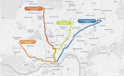 A map shows four proposed transit routes into and out of Cincinnati.