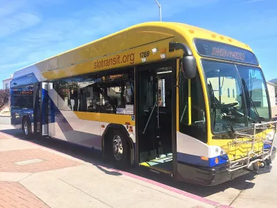 Blue and yellow 40-foot public transit bus in San Luis Obispo.