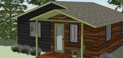 Rendering of cabin-style accessory dwelling unit with green trees in background.