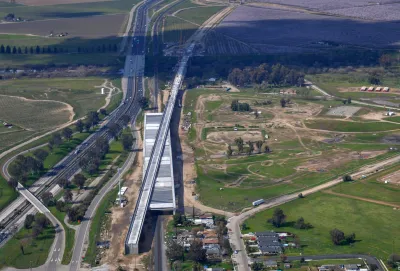 Construction fo the California High-Speed Rail project is shown running parallel to Highway 99 in California's Central Valley.