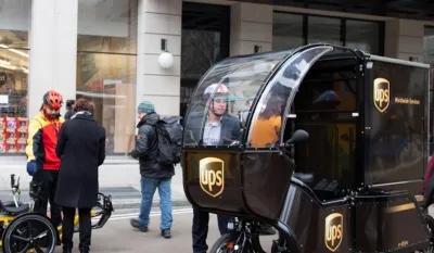 UPS delivery cargo bike with covered front seat in New York City