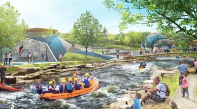 Rendering of kayakers on river and people sitting on riverbank in new park