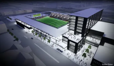 Rendering of downtown Milwaukee sports stadium with soccer field