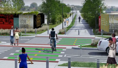 Rendering of Joe Lewis Greenway at crossing withh street with green striped crosswalk