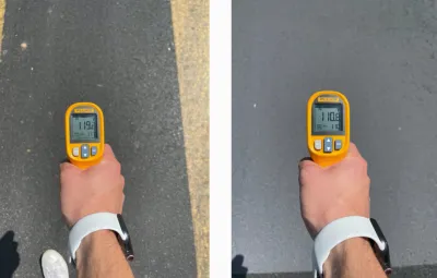Side-by-side photos of hand holding thermometer above pavement; left photo shows 119 degrees, right photo shows 110 degrees, illustrating the effect of a cool pavement treatment.