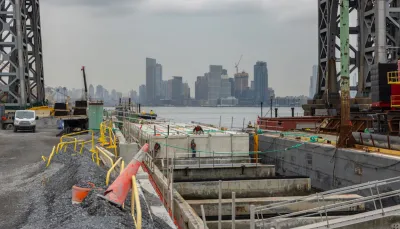 Concrete flood control infrastructure under construction in New York City.