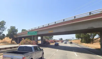 Google street view of American Avenue overpass over Highway 99 in Fresno, California.