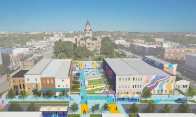 Rendering of redeveloped public square in Denton, Texas with new pedestrian and public infrastructure and historic courthouse in background.