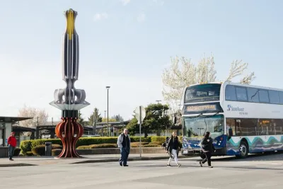 White and blue double-decker bus in Seattle, Washington.