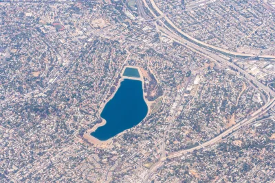 The Silver Lake Reservoir and surrounding neighborhoods in Los Angeles, as seen from high above