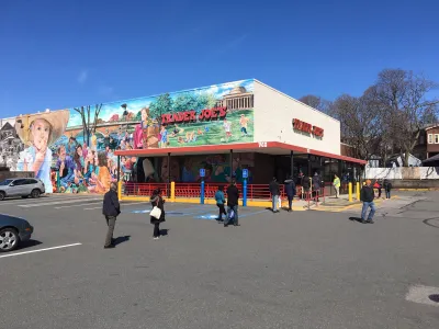 Social distancing in a Trader Joe's line in Cambridgeport, Cambridge, Massachusetts March 21, 2020