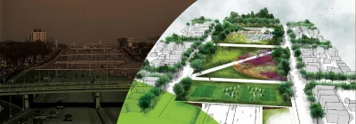 Rendering of land bridge over freeway in St. Paul, Minnesota