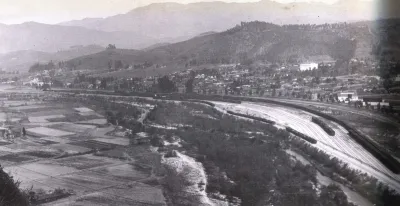 Black and white photo of Taylor Yard site in Los Angeles by the Los Angeles River in the 1890s.