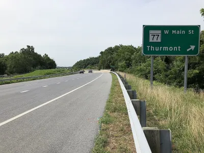 Green highway exit sign for Thurmont, Maryland.