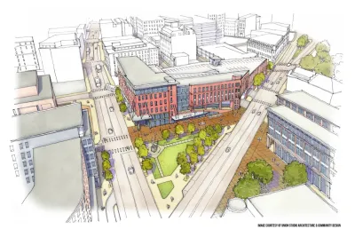 A drawing of a planned bus facility in downtown Providence, Rhode Island.