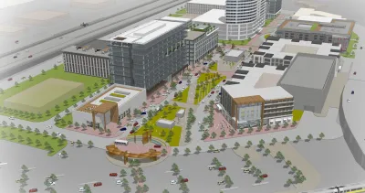 Rendering of Trinity Mills TOD project in Dallas, Texas with 5-story office building, park space, and residential multifamily units