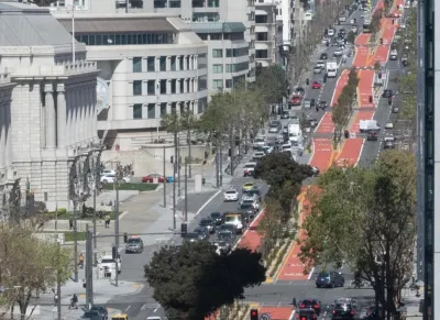 View of Van Ness Avenue, San Francisco, with red bus-only lanes