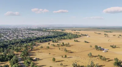 Rendering of aerial view of greenbelt separating farmland and residential area for California Forever development.