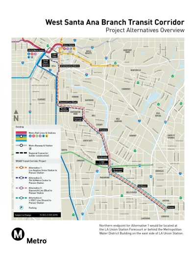 A map of a planned light rail line connecting Los Angeles to cities in the Southeast of the county.