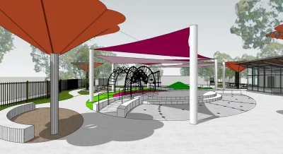 Rendering of pocket park with seating and shade