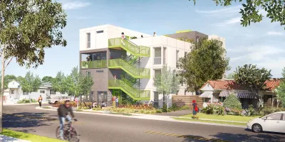 Rendering of three-story shipping container modular building for affordable housing in Watts, Los Angeles.