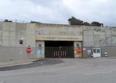 The west tunnel entrance to the Oceanside Water Pollution Control Plant in March 2020 with O and A letters missing in Oceanside.