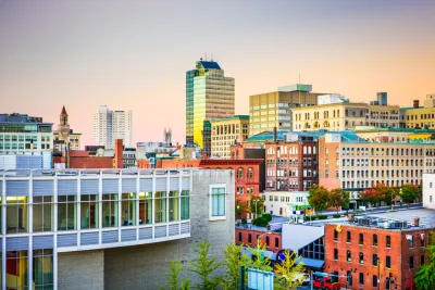 The skyline of downtown Worcester, Massachusetts reveals urban densities and variety of building types.